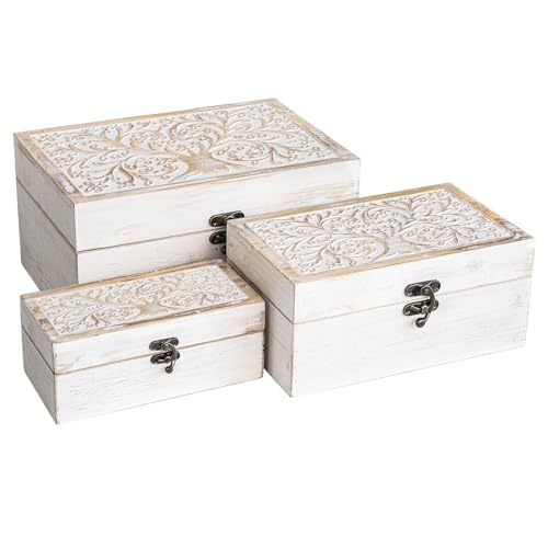 3 Piece Tree of Life Carved Wooden Keepsake Boxes with Lids, Decorative Storage Boxes for Home decor, Trinket Box for Jewelry and Memorabilia - color: Whitewashed, size: 3 Sets