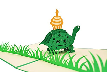iGifts And Cards Happy Birthday Turtle 3D Pop-Up Card – Slow Smiles 5"x7" | Belated Tortoise With Cupcake, Cake & Candle, Animal Theme, Late Celebration, Playful Surprise, Friend, Boss, Daughter, Son - color: Turtle Cupcake