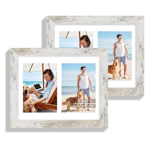 Hongkee 8.5x11 Picture Frame Set of 2, Collage Two 5x7 with Mat, Real Glass - color: Distressed White, size: 8.5x11 in matted to 2-5x7