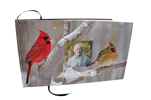 COMMEMORATIVE CREMATION URNS Cozy Cardinal Photo Funeral Guest Book for Memorial Service and Celebration of Life Guest Book for Memorial Service - Beautiful & Vibrant Sign in Book for Funeral - color: Cozy Cardinals