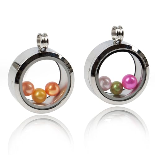 2PCS 30MM Floating Charm Locket Necklace with 6 Freshwater Pearls/Beads,316L Stainless Steel Clear Glass Locket,Small Waterproof Living Memory Pendant for Women(Without Chain) - color: Silver