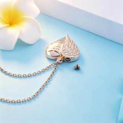 Heart Cremation Urn Necklace Human Ashes Jewelry for Women Men Engraved Your Wings were Ready but My Heart was Not Angel Wings Memorial Pendant Necklace Gift for Family Members - color: Rose Gold