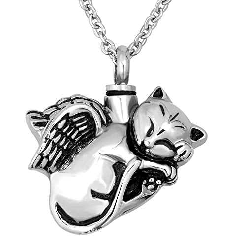 Cute Angel Cat Pet Urn Necklace for Ashes Cremation Jewelry Memorial Animal Stainless Steel Pendant Ashes Holder Keepsakes Jewelry