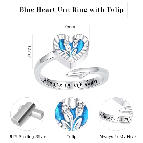 925 Sterling Silver Heart Urn Ring for Ashes for Women - Cremation Jewelry Keepsake Thumb Rings Adjustable with Rose/Sunflower Gift for Lost Of Love Ones Human Adult Pet - style: Blue Heart Tulip