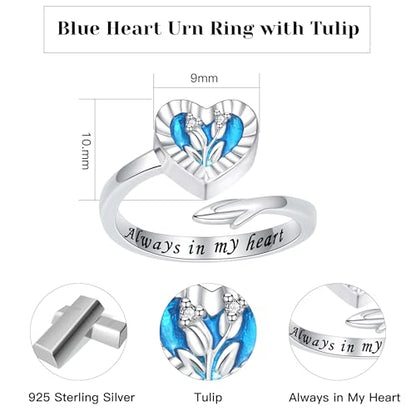 925 Sterling Silver Heart Urn Ring for Ashes for Women - Cremation Jewelry Keepsake Thumb Rings Adjustable with Rose/Sunflower Gift for Lost Of Love Ones Human Adult Pet - style: Blue Heart Tulip
