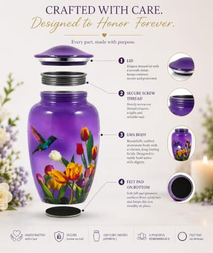BOLD & DIVINE Purple Hummingbird Cremation Urn | Human Ashes Adult Memorial urn, Burial, Funeral Cremation Urns | 200 Cubic Inches (Large Adult) - size: Large