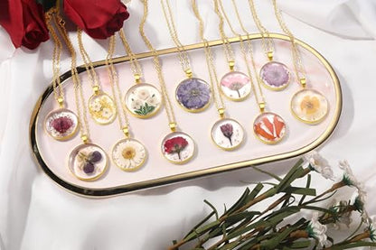 AUNTESIGN Forget-Me-Not and Queen Anne's Lace Pressed Wildflower Necklace | Birth Month Flowers Necklace | Gold/Silver Pressed Flower Jewelry | Mother's Day | Gift For Her - color: Pansy Necklace(February Birth Flower)