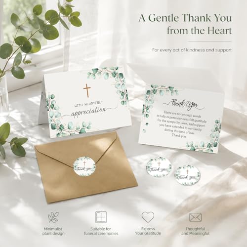 28 Pack Funeral Thank You Cards with Envelopes & Stickers, 6x8 Inches Foldable, Sympathy Bereavement Notes with Message Inside, Suitable for Memorial Services (Style 2)