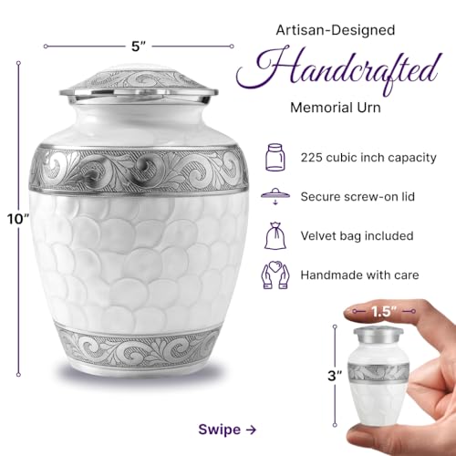 AmericUrn Custom Plaque White Patch Urns for Human Ashes Adult - Burial Urn Set of 7 with 1 Large urn, 4 Keepsake & Memorial Necklaces - color: White Patch Plaque Set