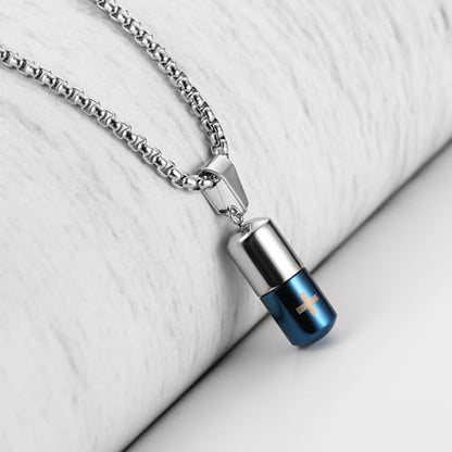 STWTR Stainless Steel Cylindrical Souvenir Capsule Pill Pendant Necklace, Cremated Ashes Pill Container Necklace - color: Blue