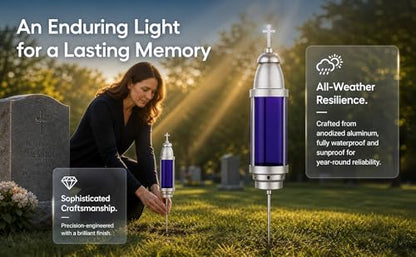 Silver Blue Cemetery Candle Holder for Grave, Cross Memorial Lantern, Cemetery Grave Decoration for Grave Markers