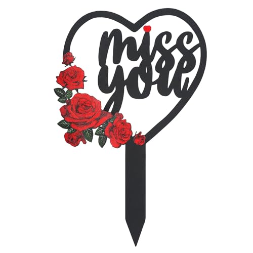 Cemetery Grave Decoration Memorial Plaque, Metal Grave Marker with Heart Flower and Miss You Memorial Design, Outdoor Cemetery Decorations for Grave, Remembrance Stake for Mom Dad - color: Miss-a