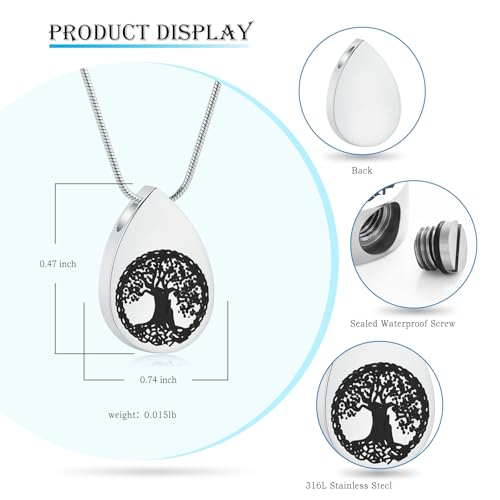 Hearbeingt Teardrop Urn Necklaces for Ashes Tree of Life Memorial Locket - color: Silver