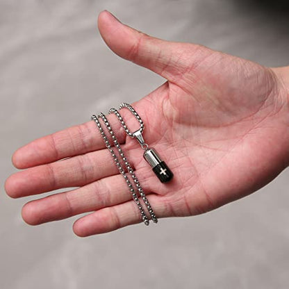 STWTR Stainless Steel Cylindrical Souvenir Capsule Pill Pendant Necklace, Cremated Ashes Pill Container Necklace - color: Black-B