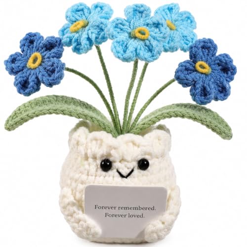 Handmade Crochet Forget Me Not Flower Pot Sympathy Gifts for Loss - color: E-sympathy-blue