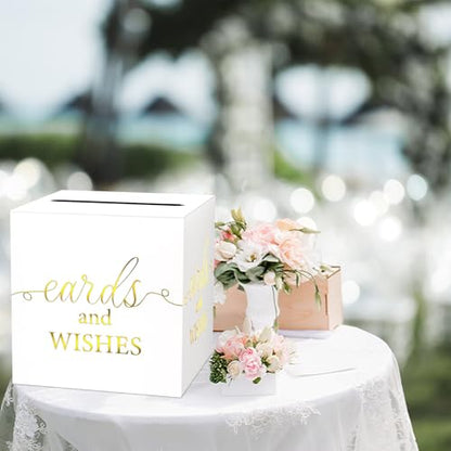 WNINK White Card Box with Gold Foil Design, Cards and Wishes Gift Cards Box Receiving Box for Wedding Receptions, Bridal & Baby Showers, Anniversaries, Birthdays Party, Graduations, Retirements - color: Cards Wishes White Gold