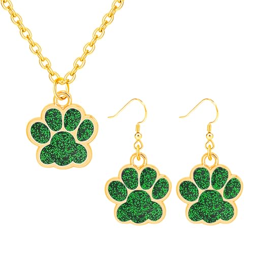 Dreuyet Paw Necklace and Earrings Set for Women Glitter Cute Dog Cat Pet Paw Print Pendant Necklace Earrings Lovely Animal Charm Jewelry Set Gifts - color: Gold Green