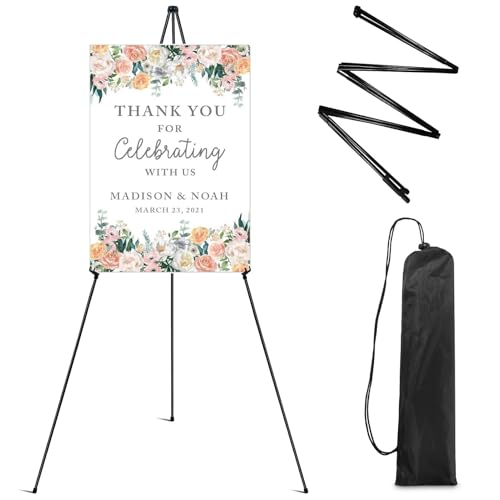 RRFTOK 63 Inch Easel Stand for Sign, Poster Stand and Wedding Sign | Instant-fold metal tripod with carry bag for welcome sign, poster display, foam board and floor use - style: 63B