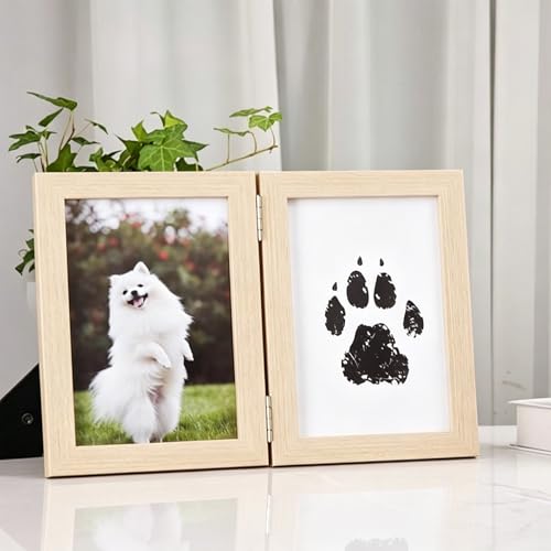 Pet Memorial Double Picture Frame with Paw Print Kit, Natural Wood, Includes Black Ink Pad and Print Papers (White)