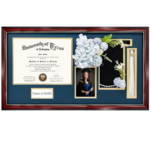 GraduationMall Class of 2026 Graduation Shadow Box Frame for 8.5x11 Diploma, 4x6 Picture with Cap & Tassel Holder, Cherry Wood Display Case with Navy Gold Mat - color: Cherry / Blue Gold Mat