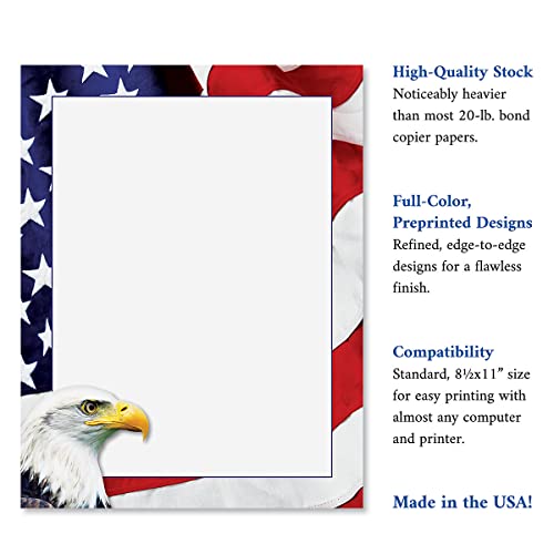 American Eagle Patriotic Letter Papers - Set of 25, American Flag stationery papers, 8 1/2" x 11", compatible computer paper, Patriotic Letterhead, 4th of July flyers, Veterans Day, Memorial Day - color: American Eagle