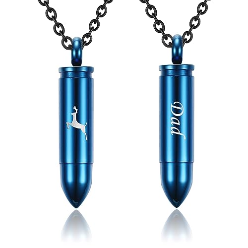 SIYUU Bullet Cremation Jewelry for Ashes Vial Deer Engraved Urn Necklace Stainless Steel Ash Container Keepsake Pendant Memorial Jewelry for Men Women - color: Blue-Dad