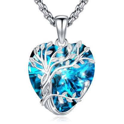 Eusense Tree of Life Necklace for Women Men Sterling Silver 925 Tree Urn Locket Cremation Jewelry Family Tree Pendant Gifts for Her Him Mom Dad Grandma Daughter - style: E-G-Tree of Life Necklace 12-Blue Topaz