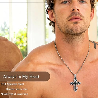 zeqingjw Cross Urn Necklace Fish Hook Cremation Jewelry for Ashes Pendant Stainless Steel Deer Antler Cross Memorial Human Pet Keepsake Ashes Holder for Men Women - color: Z-Silver-B