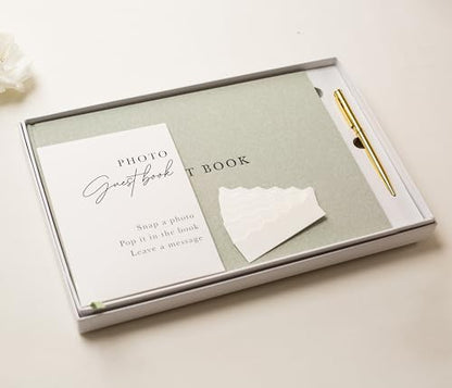 Real Linen Guest Book Set - 11.5 x 8.5 Embossed Guestbook for Weddings, Showers, Events, Blank & Lined, Comes with Sign, Pen, Box and Photo Sleeves, 120 Pages (Leaf) - color: Leaf