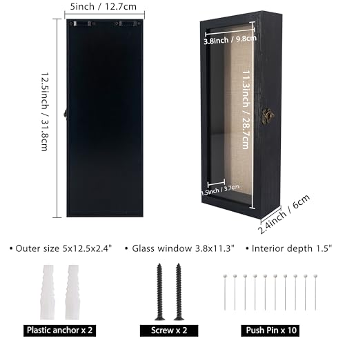 GraduatePro Shadow Box Frame 5x12.5 Display Case with Linen Back, Real Glass Window Door with Hinge, Picture Frame Wedding Bouquet Memorabilia Medals Photos Memory Box for Keepsakes, Rustic Black | Hinged Front Open Door with Tempered Glass, Linen Back wi