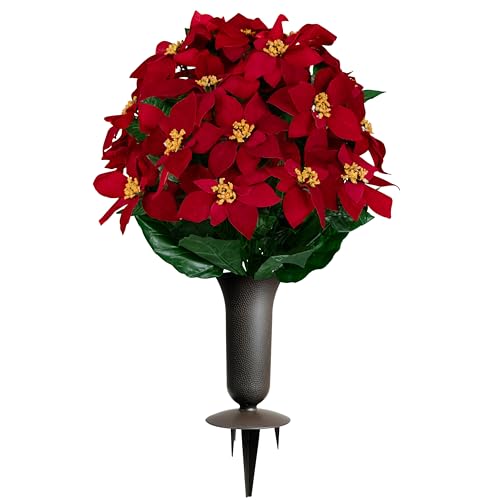 Sympathy Silks Artificial Cemetery Flowers - Gravesite Memorial Arrangment - Red Poinsettia (1) Bouquet (1) Vase - color: Red, size: (1) Bouquet (1) Vase