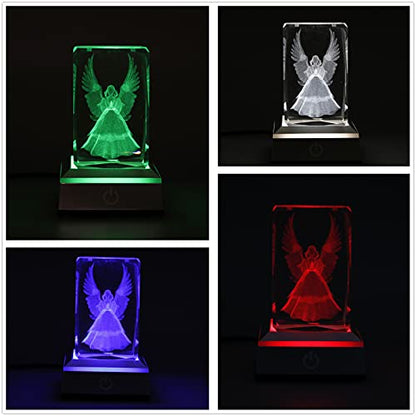 3D Laser Crystal Guardian Angel Figurines with Night Light Stand Base - 3D Engraving Crystal Guardian Angel Light Gift - color: Angel