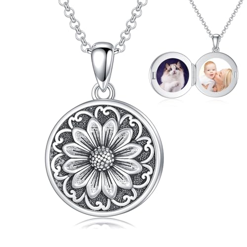 Round Locket Necklace 925 Sterling Silver Filigree/Flower Locket Necklace That Holds Pictures Birthday Christmas Jewelry Gifts for Women - color: 07-Sunflower Locket