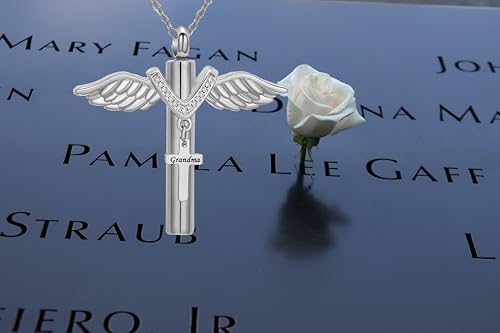 Cross Urn Necklace for Human Ashes Angel Wings Cremation Pendant Necklaces Memorial Keepsake Jewelry for Papa Mom Dad Grandma Grandpa Brother Uncle Aunt - style: Uncle