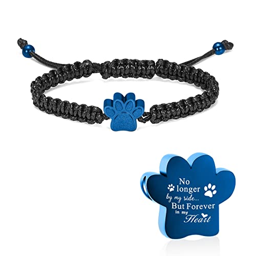 constantlife Cremation Bracelet for Ashes Stainless Steel Paw Print Urn Jewelry Braided Rope Adjustable Bangle Keepsake Pet Dog Cat Ash Holder Memorial Gift for Women Men - color: Blue
