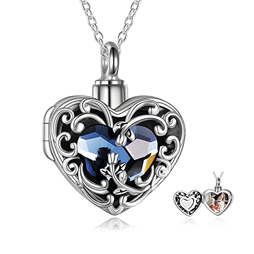 WINNICACA Cremation Jewelry for Ashes Locket Ashes Necklace Urn Necklace for Women Sterling Silver Cremation Necklace for Ashes Fine Keepsake Picture Necklace Memorial Jewelry - style: A01-Rose Urn Locket Necklace(Blue Crystal)