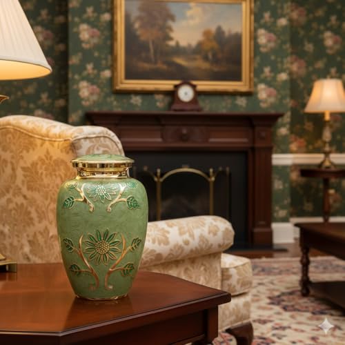 Green Garden Brass Large Cremation Urn | Unique Brass Funeral Urn with Gold & Green Enamel Details | Large - size: Adult