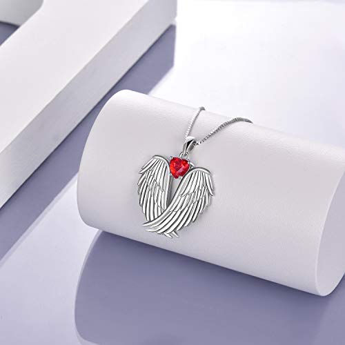 YFN Angel Wings Necklace 925 Sterling Silver Guardian Angel Wings Pendant Necklace Birthstone Necklace for Women Girls Christmas Jewelry Gifts - color: January-Red