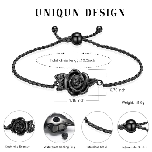 Minicremation Women's Adjustable Rose Urn Bracelet Ashes Holder Memorial Elegant Link Chain Keepsake Cremation Bangle to Hold Ashes - color: Black-B