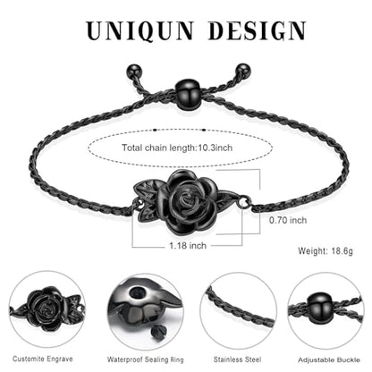 Minicremation Women's Adjustable Rose Urn Bracelet Ashes Holder Memorial Elegant Link Chain Keepsake Cremation Bangle to Hold Ashes - color: Black-B