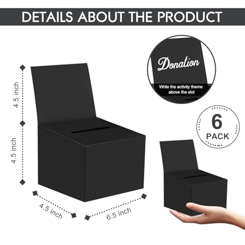 6 Pack Raffle Boxes Ballot Box Suggestion Box with Slot, 6.5 x 4.5 x 4.5 Inch Cardboard Raffle Boxes with Slot for Ticket and Removable Header for Collecting Business Card Voting Contest (Black) - color: Black