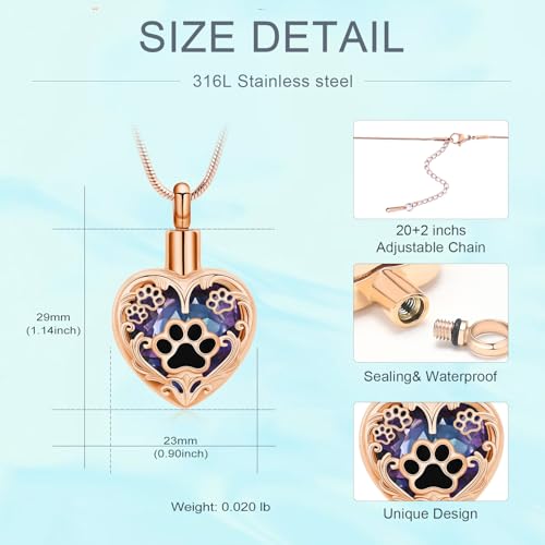 Heart Urn Necklace For Ashes Birthstone Pet Memorial Jewelry Dog Paw Print Cremation Pendant Stainless Steel Keepsake Gift For Pet Lovers - color: Rosegold purple