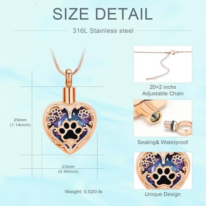 Heart Urn Necklace For Ashes Birthstone Pet Memorial Jewelry Dog Paw Print Cremation Pendant Stainless Steel Keepsake Gift For Pet Lovers - color: Rosegold purple