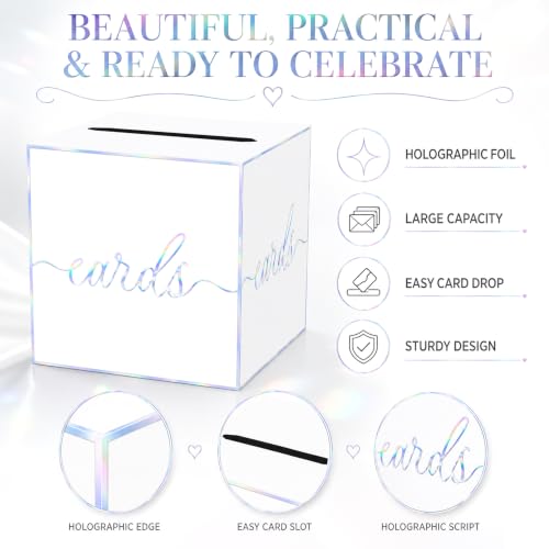 White Iridescent Card Box for Birthday Parties, Wedding and Bridal Shower | Collect Cards and Envelopes in One Place with an 8.7 Inch Cube, Wide Top Slot and Holographic White Design - color: White Iridescent