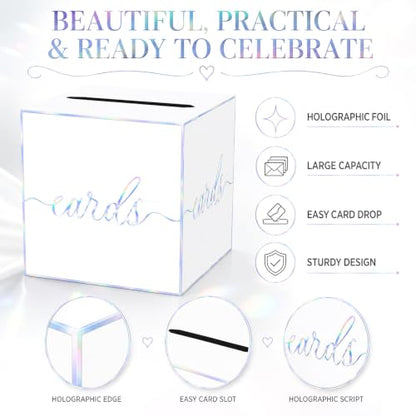 White Iridescent Card Box for Birthday Parties, Wedding and Bridal Shower | Collect Cards and Envelopes in One Place with an 8.7 Inch Cube, Wide Top Slot and Holographic White Design - color: White Iridescent