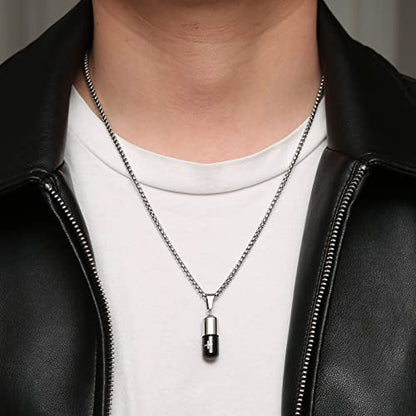 STWTR Stainless Steel Cylindrical Souvenir Capsule Pill Pendant Necklace, Cremated Ashes Pill Container Necklace - color: Black-B