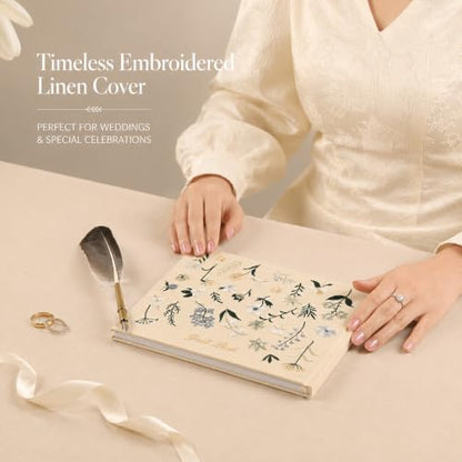 Wedding Guest Book, Embroidered Linen Guest Book Keepsake - color: Soft Cream