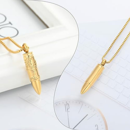 XSMZB Bullet Cremation Ashes Jewelry Tree of Life Keepsake Urn Necklace for Ashes Stainless Steel Memorial Pendant for Women Men - color: Gold