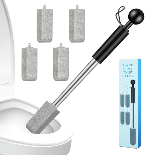 Pumice Stone Toilet Cleaner with Handle – 4 No-Touch Heads for Hard Water - color: Black+Grey