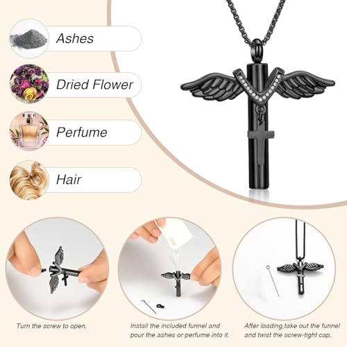 Oinsi Black Cross Urn Necklace For Ashes Of Loved Ones With Birthstone Always In My Heart Cremation Jewelry Keepsake Pendant Women Men - color: Z-Black